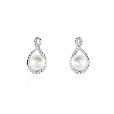 Boucles D'oreilles Davy Or Blanc Perle De Culture Oxyde - Clous d'oreilles Femme | Histoire d’Or