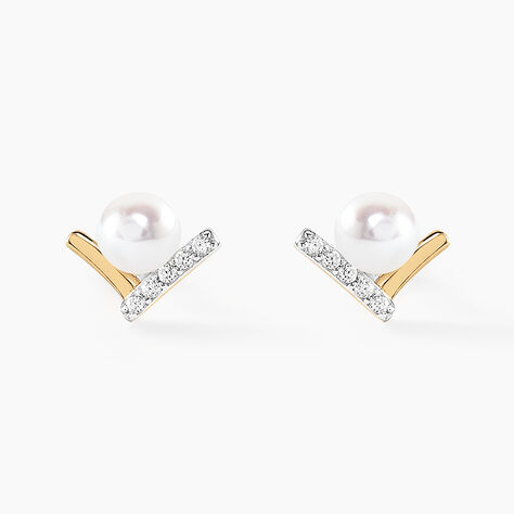 Boucles D'oreilles Puces Aric Or Jaune Perle De Culture Oxyde - Clous d'oreilles Femme | Histoire d’Or
