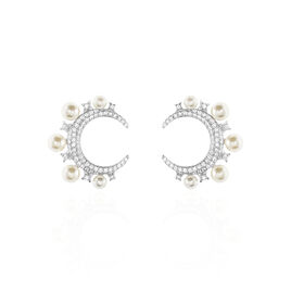 Boucles D'oreilles Puces Moon Argent Perle D'imitation Et Oxyde - Clous d'oreilles Femme | Histoire d’Or