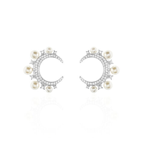 Boucles D'oreilles Puces Moon Argent Perle D'imitation Et Oxyde - Clous d'oreilles Femme | Histoire d’Or
