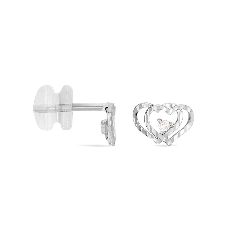 Boucles D'oreilles Puces Daria Double Coeurs Or Blanc Oxyde - Clous d'oreilles Femme | Histoire d’Or