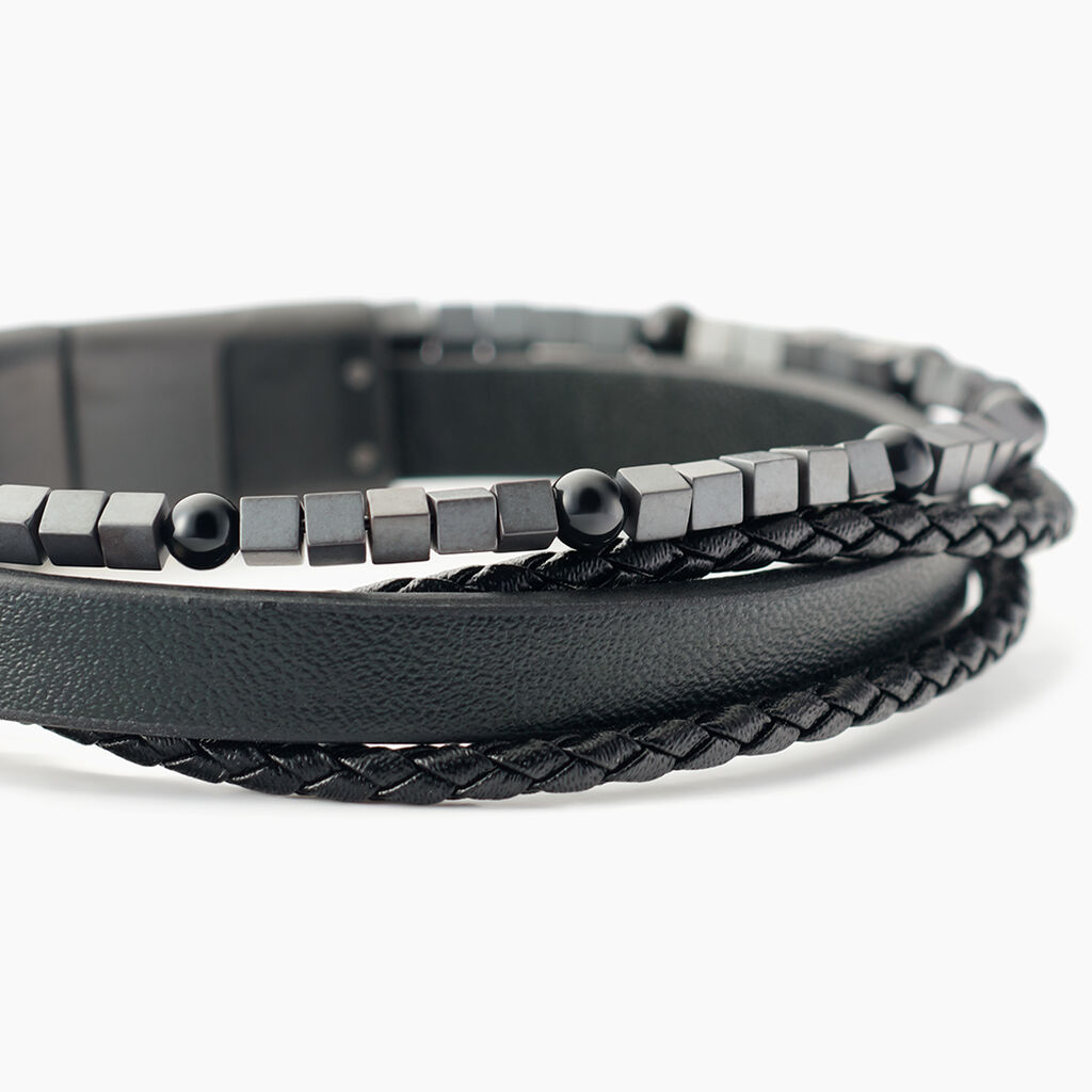 Bracelet Jourdan Cuir De Vache Noir H&eacute;matite Onyx - Bracelets Cuir Homme | Histoire d&rsquo;Or