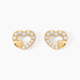 Boucles D'oreilles Puces Daria Double Coeurs Or Jaune Oxyde - Boucles d'Oreilles Coeur Femme | Histoire d’Or