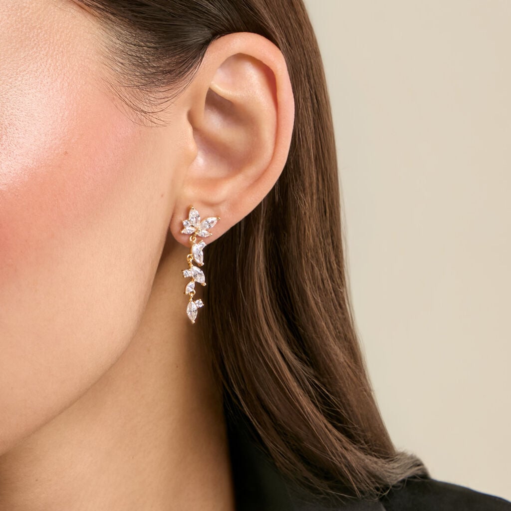 Boucles D'Oreilles Pendantes Eglantine Plaqu&eacute; Or Jaune Oxyde De Zirconium - Boucles d'oreilles empierr&eacute;es Femme | Histoire d&rsquo;Or