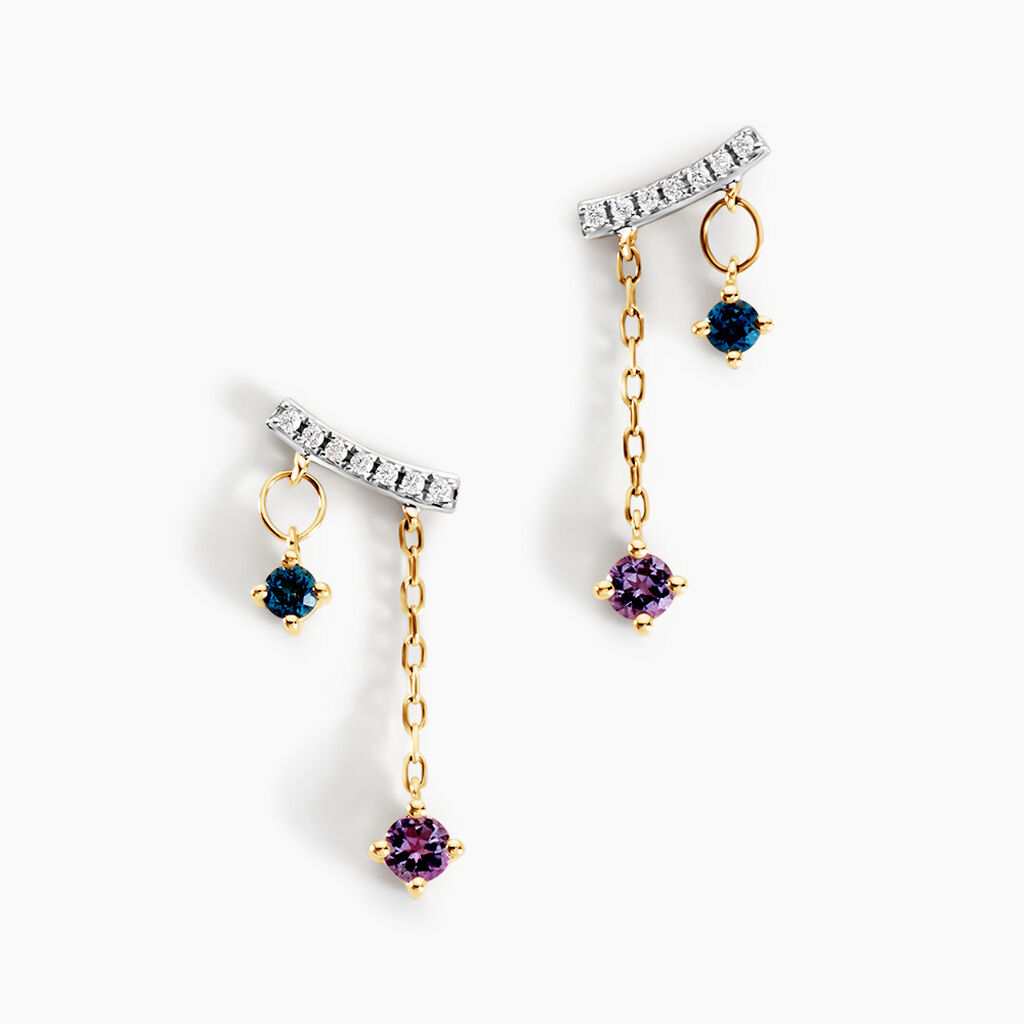 Boucles D’oreilles Pendantes Universe Or Jaune Améthyste Topaze Oxyde