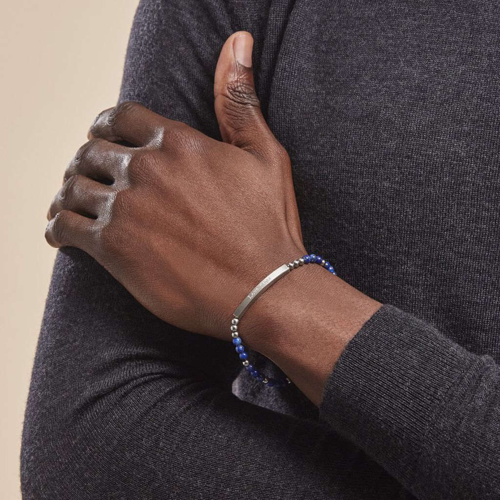 Bracelet Identité Acier Blanc Boules Sebastino Lapis Lazuli - Gourmettes Homme | Histoire d’Or