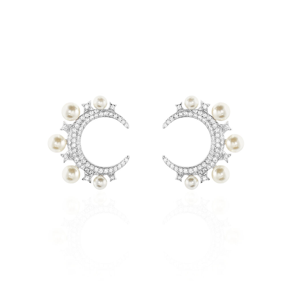 Boucles D'oreilles Puces Moon Argent Perle D'imitation Et Oxyde - Clous d'oreilles Femme | Histoire d’Or