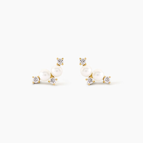 Boucles D'Oreilles Puces Katri Argent Dor&eacute; A L'Or 750/1000 Perle De Culture Oxyde De Zirconium - Clous d'oreilles Femme | Histoire d&rsquo;Or
