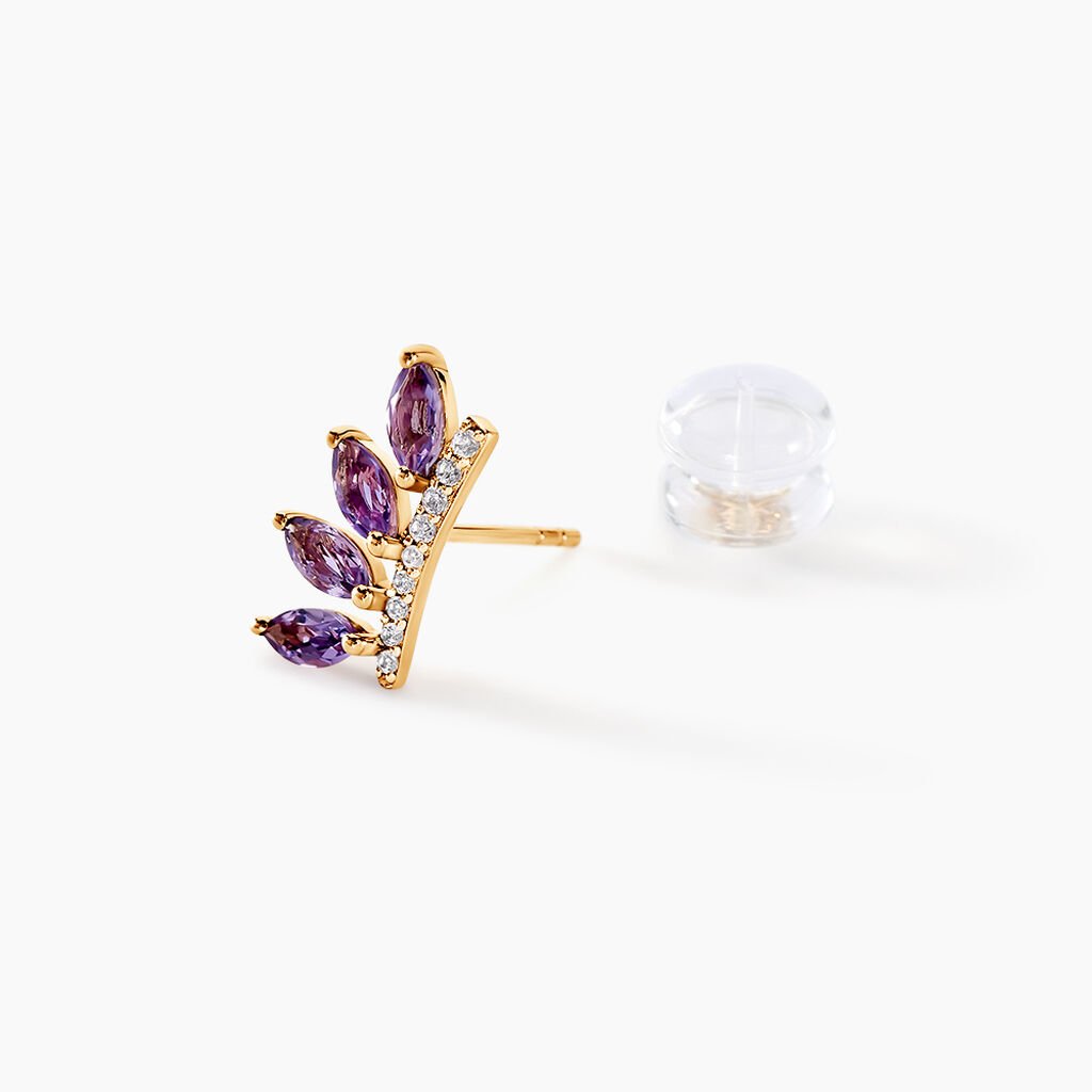 Boucles D'oreilles Puces Tiara Or Jaune Améthyste Oxyde De Zirconium - Clous d'oreilles Femme | Histoire d’Or