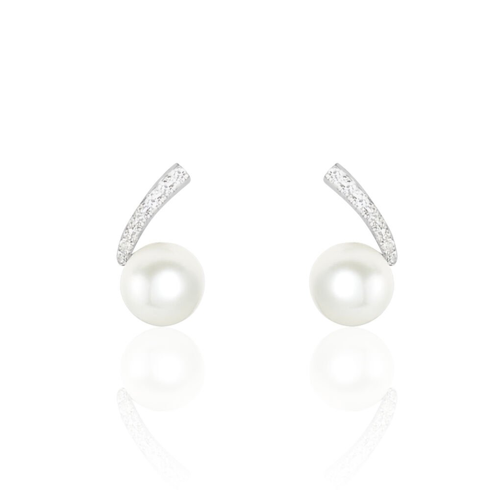 Boucles D'oreilles Puces Angel Or Blanc Perle De Culture Et Diamant - Clous d'oreilles Femme | Histoire d&rsquo;Or