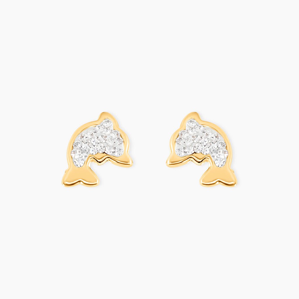 Boucles D'oreilles Puces Edmee Dauphin Or Jaune Strass - Clous d'oreilles Femme | Histoire d&rsquo;Or