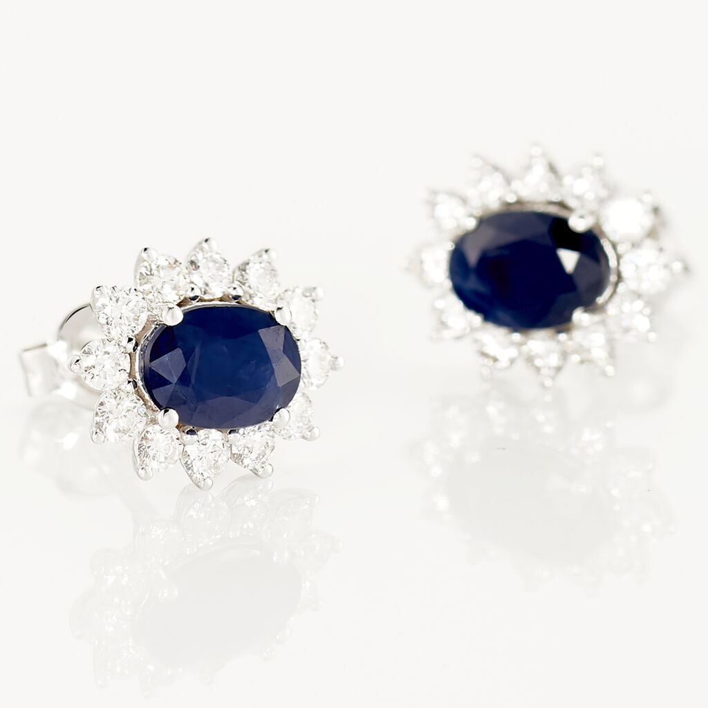 Boucles D'oreilles Or Blanc Saphir Diamants - Clous d'oreilles Femme | Histoire d’Or