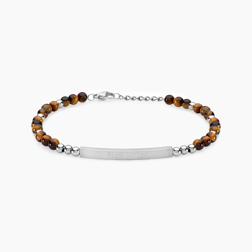 Bracelet Identité Acier Blanc Boules Sebastino œil De Tigre - Gourmettes Homme | Histoire d’Or