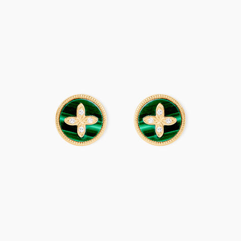 Boucles D'Oreilles Puces Talisman Or Jaune Malachite Diamant - Clous d'oreilles Femme | Histoire d&rsquo;Or