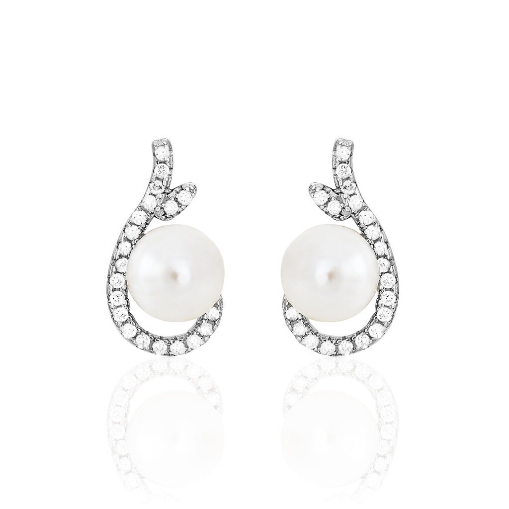 Boucles D'oreilles Puces Cyrana Argent Blanc Perle De Culture Et Oxyde - Boucles d'oreilles fantaisie Femme | Histoire d’Or