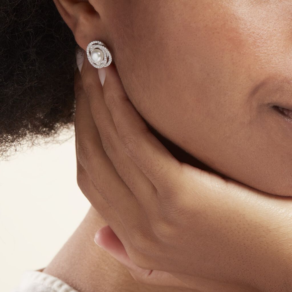 Boucles d'oreilles pendantes Rosace Argent Perle de culture Ronde Pavage  Blanc 925/1000 - FAOFBU22630 • Histoire d'Or