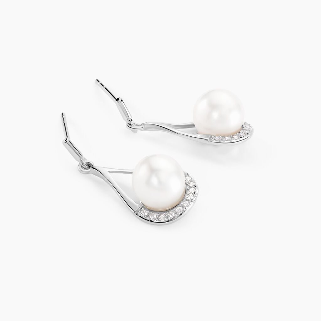 Boucles D'oreilles Patricia Or Blanc Perle De Culture Oxyde - Boucles d'oreilles pendantes Femme | Histoire d&rsquo;Or