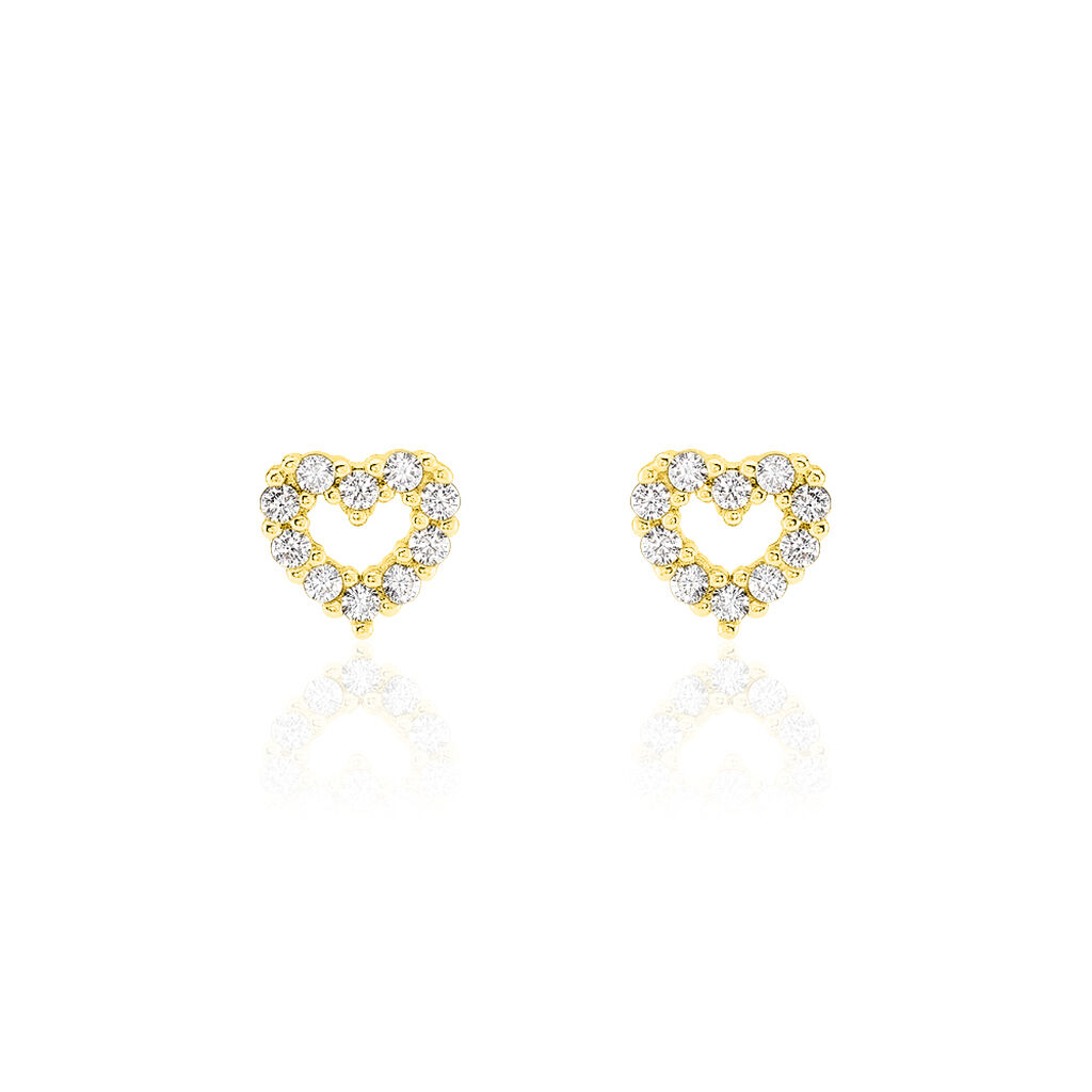 Boucles D'oreilles Puces Coeur Ajoure Or Jaune Oxyde De Zirconium - Clous d'oreilles Femme | Histoire d’Or