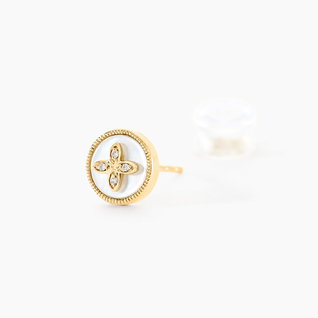 Boucles D'oreilles Puces Talisman Or Jaune Nacre Diamant - Clous d'oreilles Femme | Histoire d’Or