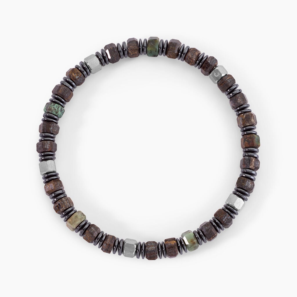 Bracelet Naturel Acier Argent&eacute; Bronzite Turquoise H&eacute;matite - Bracelets Pierre Homme | Histoire d&rsquo;Or