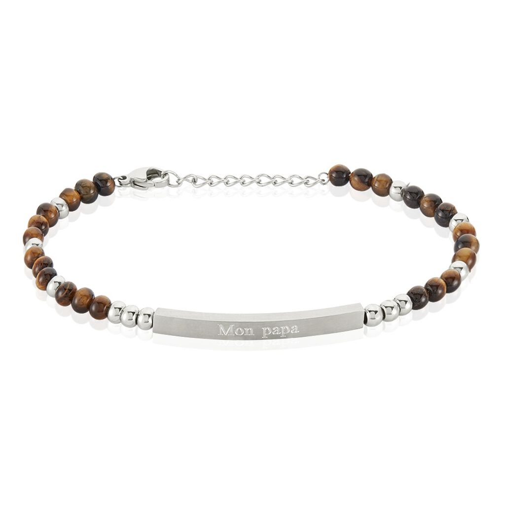 Bracelet Identité Acier Blanc Boules Sebastino œil De Tigre - Gourmettes Homme | Histoire d’Or