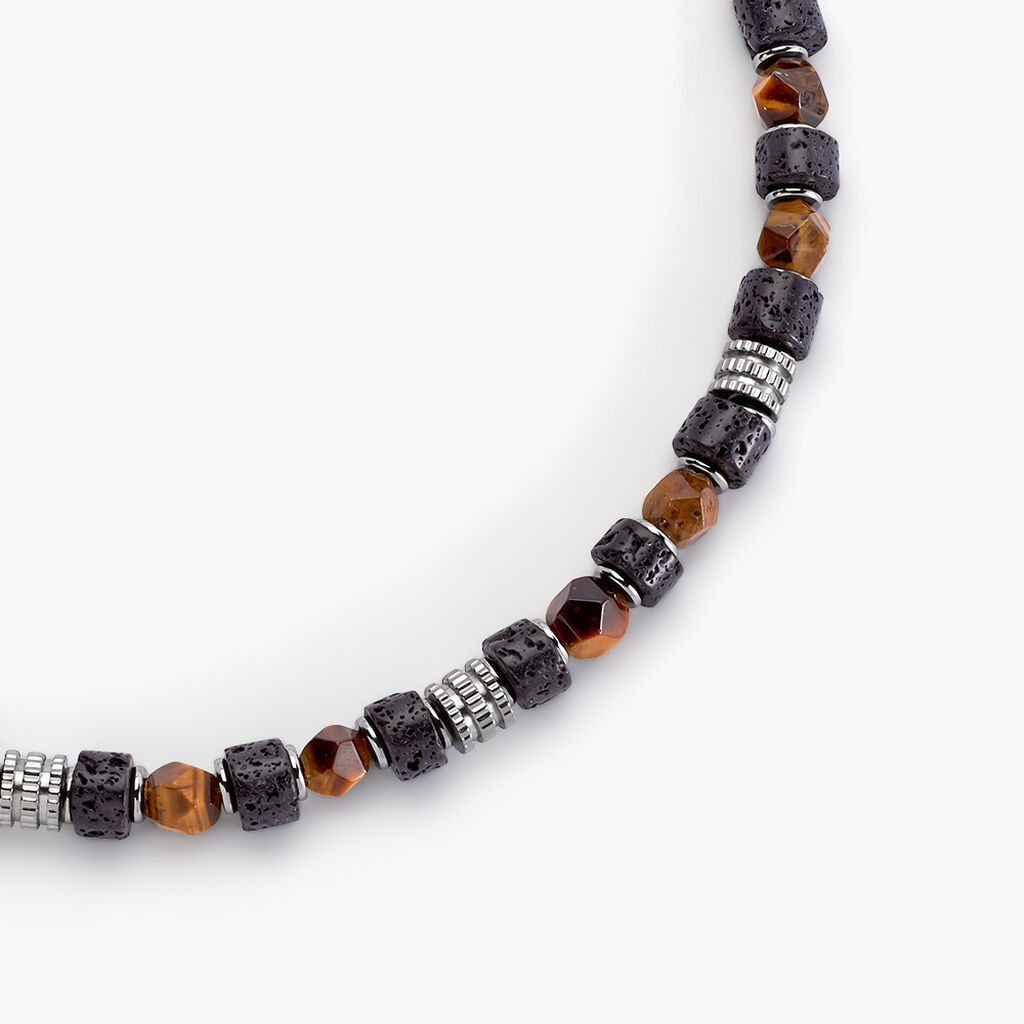 Collier Jourdan Bengale Acier Argenté Oeil De Tigre Pierre De Lave - Nouveautés bijoux Homme | Histoire d’Or