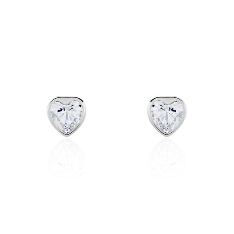 Boucles D'oreilles Puces Coeur Serti Clos Or Blanc Oxyde De Zirconium - Clous d'oreilles Femme | Histoire d’Or