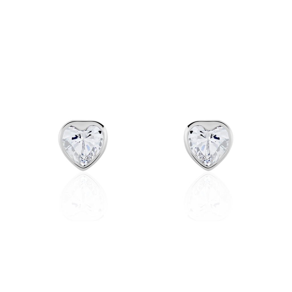 Boucles D'oreilles Puces Coeur Serti Clos Or Blanc Oxyde De Zirconium - Clous d'oreilles Femme | Histoire d’Or