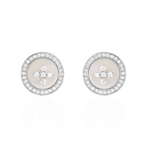 Boucles D'oreilles Puces Pelina Argent Blanc Oxyde De Zirconium Nacre - Boucles d'Oreilles Trèfle Femme | Histoire d’Or