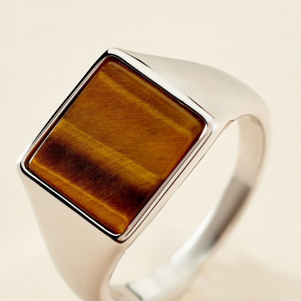 Chevalière Argent Blanc Atilio Oeil De Tigre - Bagues solitaires Homme | Histoire d’Or
