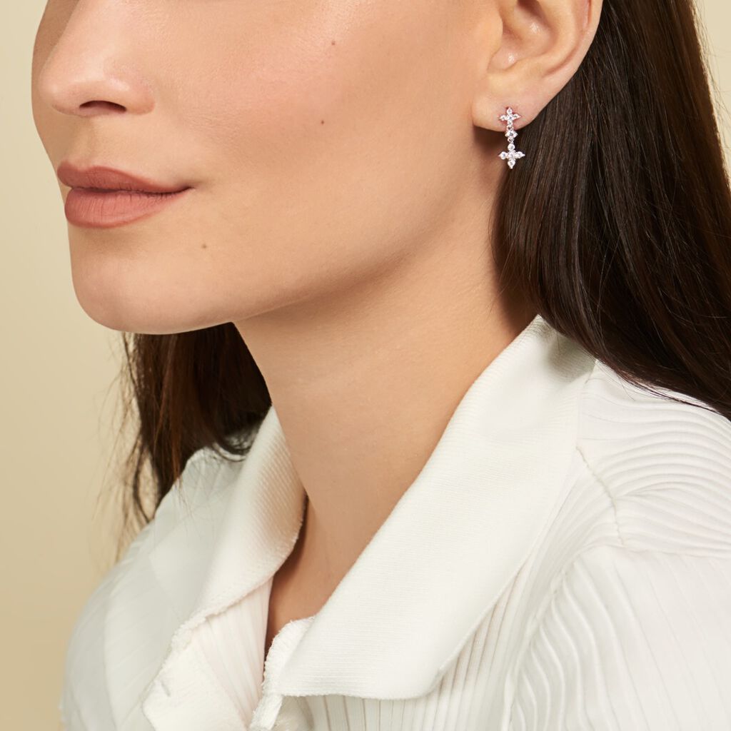 Boucles D'oreilles Pendantes Midnight Flower Argent Blanc Oxyde - Boucles d'oreilles fantaisie Femme | Histoire d’Or