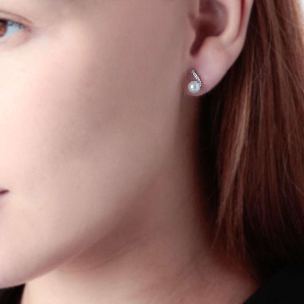 Boucles D'oreilles Puces Angel Or Blanc Perle De Culture Et Diamant - Clous d'oreilles Femme | Histoire d&rsquo;Or