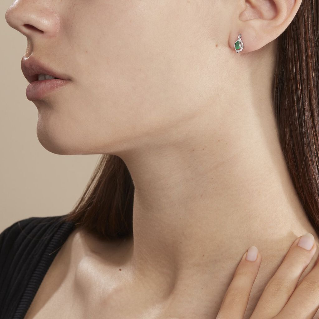 Boucles D'oreilles Puces Angelika Or Blanc Emeraude Et Diamant - Clous d'oreilles Femme | Histoire d’Or