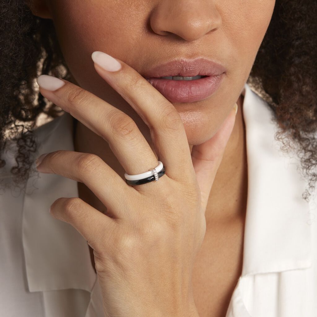 Bague Barette Bicolore Ceramique Argent Blanc Oxyde De Zirconium - Bagues avec pierre Femme | Histoire d’Or