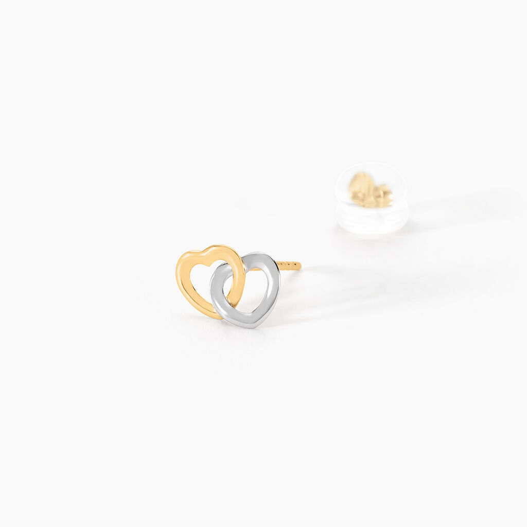 Boucles D'oreilles Puces Anne-maudae Double Coeurs Or Bicolore - Clous d'oreilles Femme | Histoire d’Or