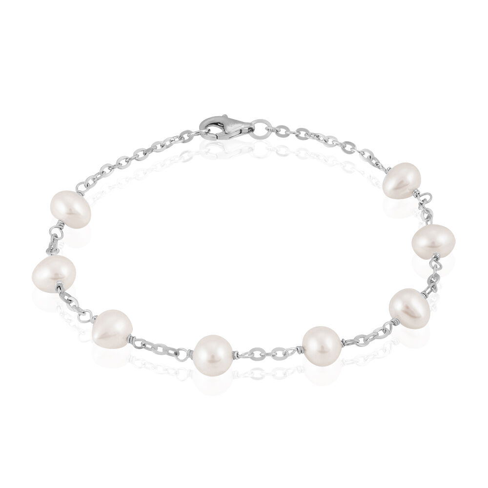 Bracelet Femme En Perles De Culture Blanches-azur - Acier Inoxydable, Avec Certificat