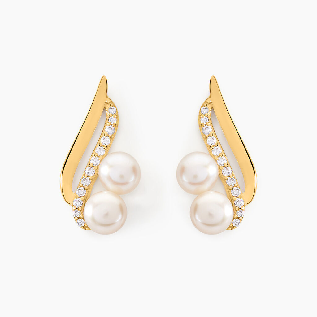 Boucles D'oreilles Puces Loeva Or Jaune Perle De Culture Et Oxyde - Clous d'oreilles Femme | Histoire d&rsquo;Or