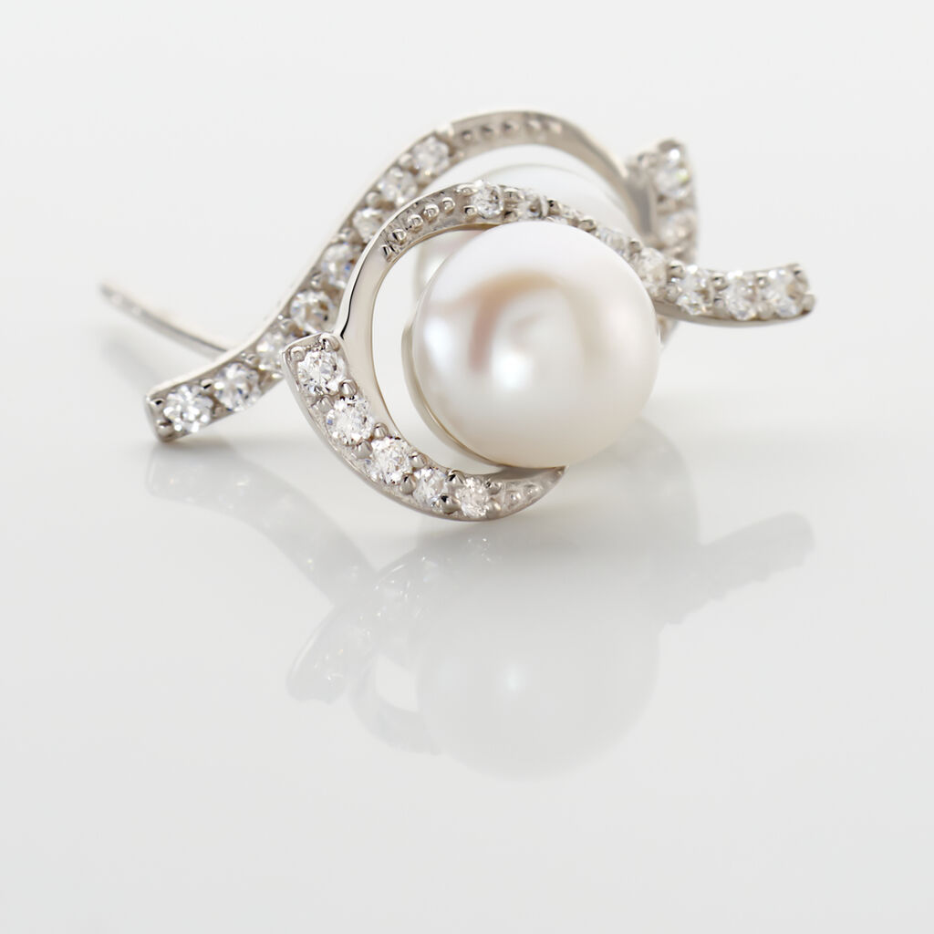 Boucles D'oreilles Puces Cassiopea Or Blanc Oxyde Et Perle De Culture - Clous d'oreilles Femme | Histoire d’Or