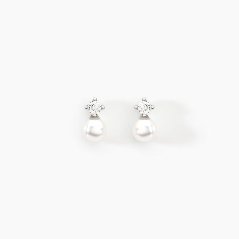 Boucles D'oreilles Puces Eolande Or Blanc Perle De Culture Et Oxyde - Clous d'oreilles Femme | Histoire d’Or