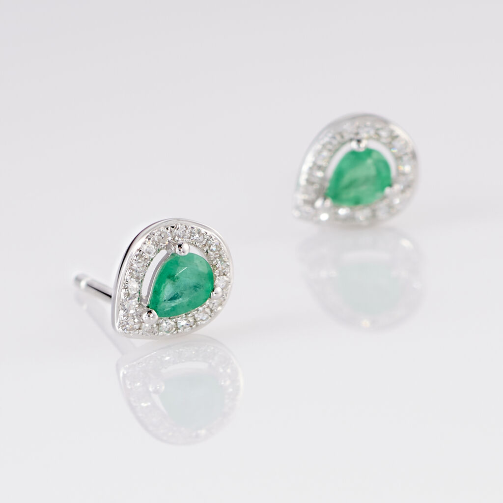 Boucles D'oreilles Puces Elheme Or Blanc Emeraude Et Diamant - Clous d'oreilles Femme | Histoire d’Or
