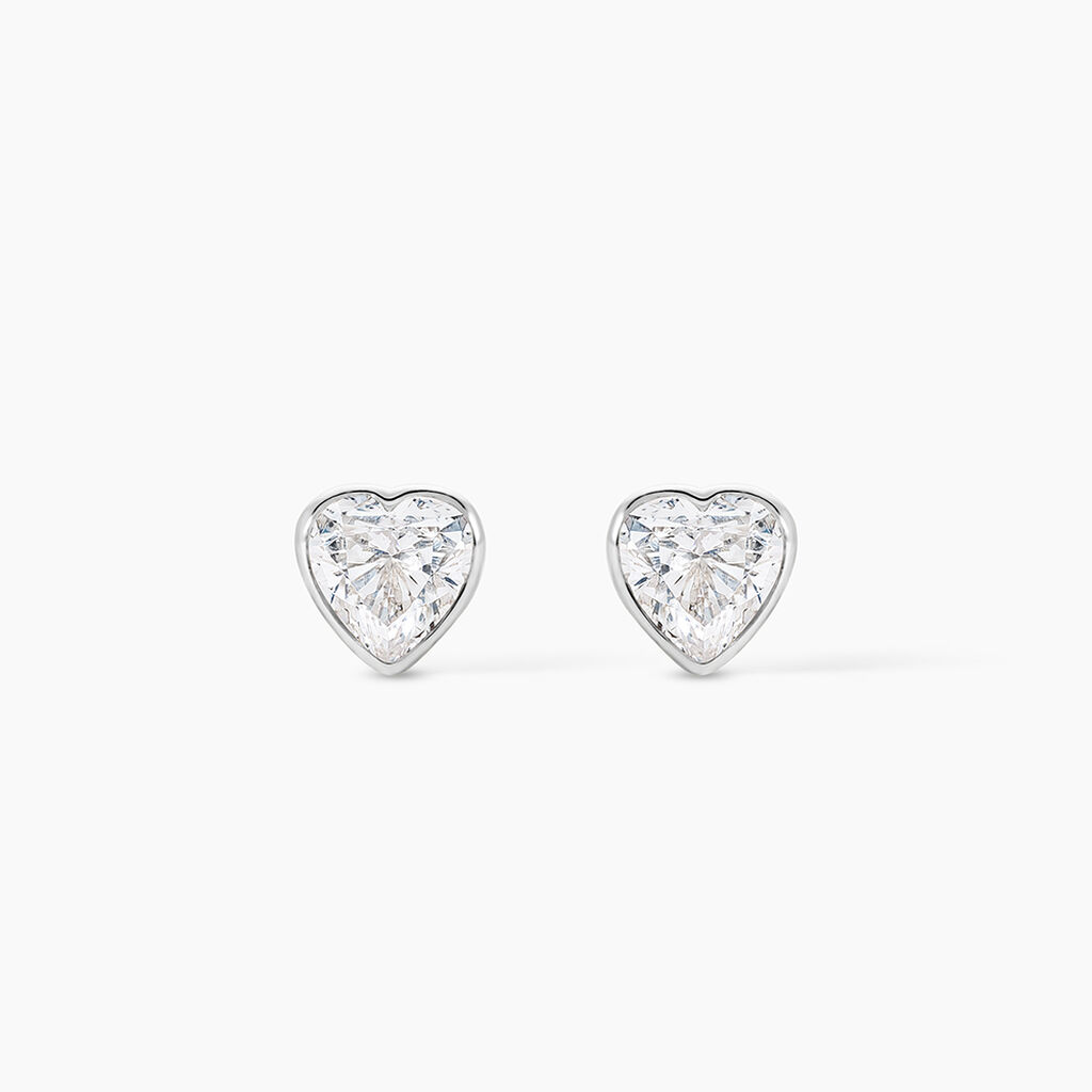 Boucles D'oreilles Puces Coeur Serti Clos Or Blanc Oxyde De Zirconium - Clous d'oreilles Femme | Histoire d&rsquo;Or