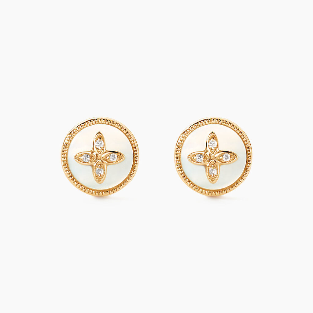 Boucles D'oreilles Puces Talisman Or Jaune Nacre Diamant - Clous d'oreilles Femme | Histoire d’Or