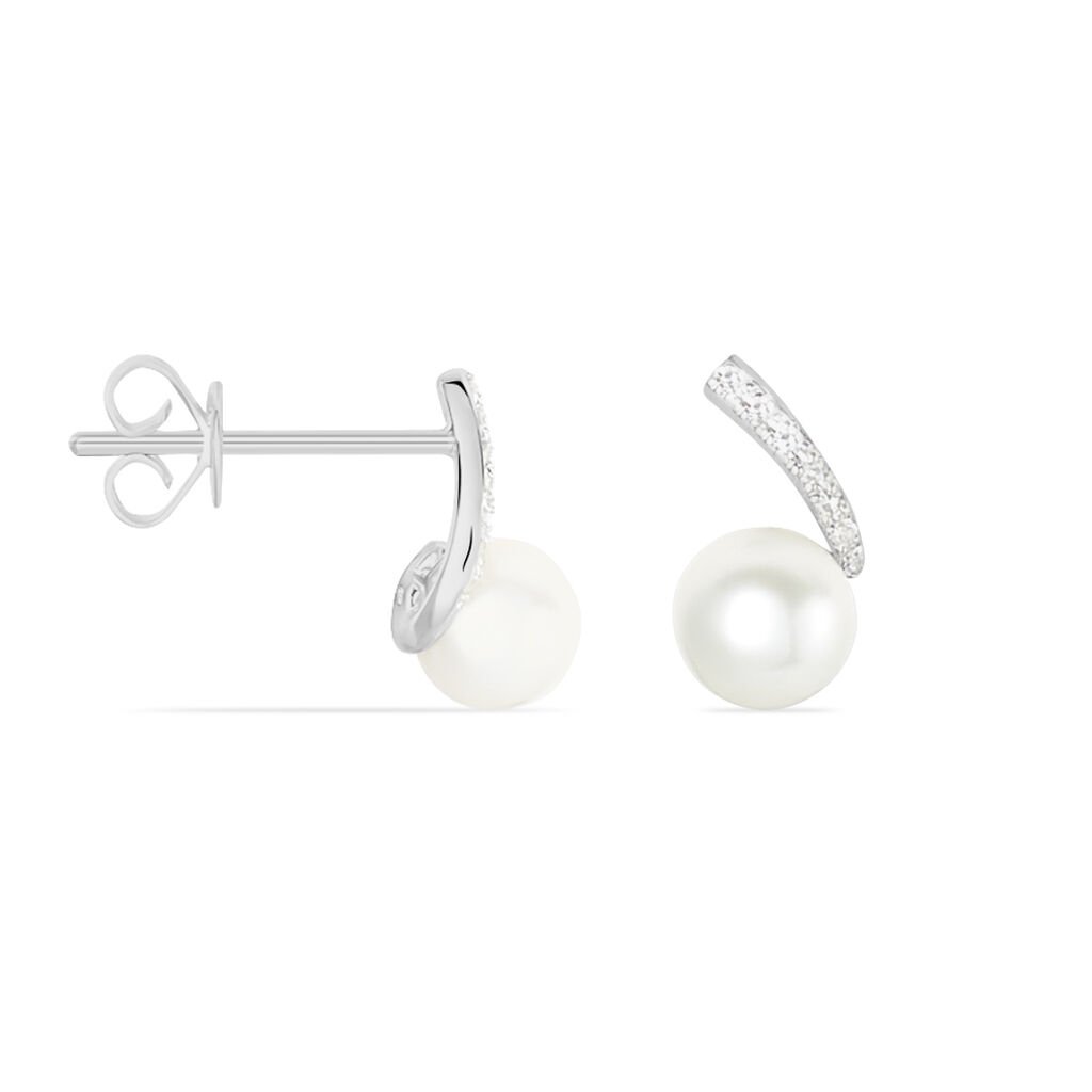 Boucles D'oreilles Puces Angel Or Blanc Perle De Culture Et Diamant - Clous d'oreilles Femme | Histoire d&rsquo;Or