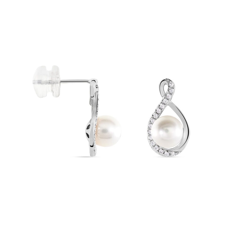 Boucles D'oreilles Davy Or Blanc Perle De Culture Oxyde - Clous d'oreilles Femme | Histoire d’Or