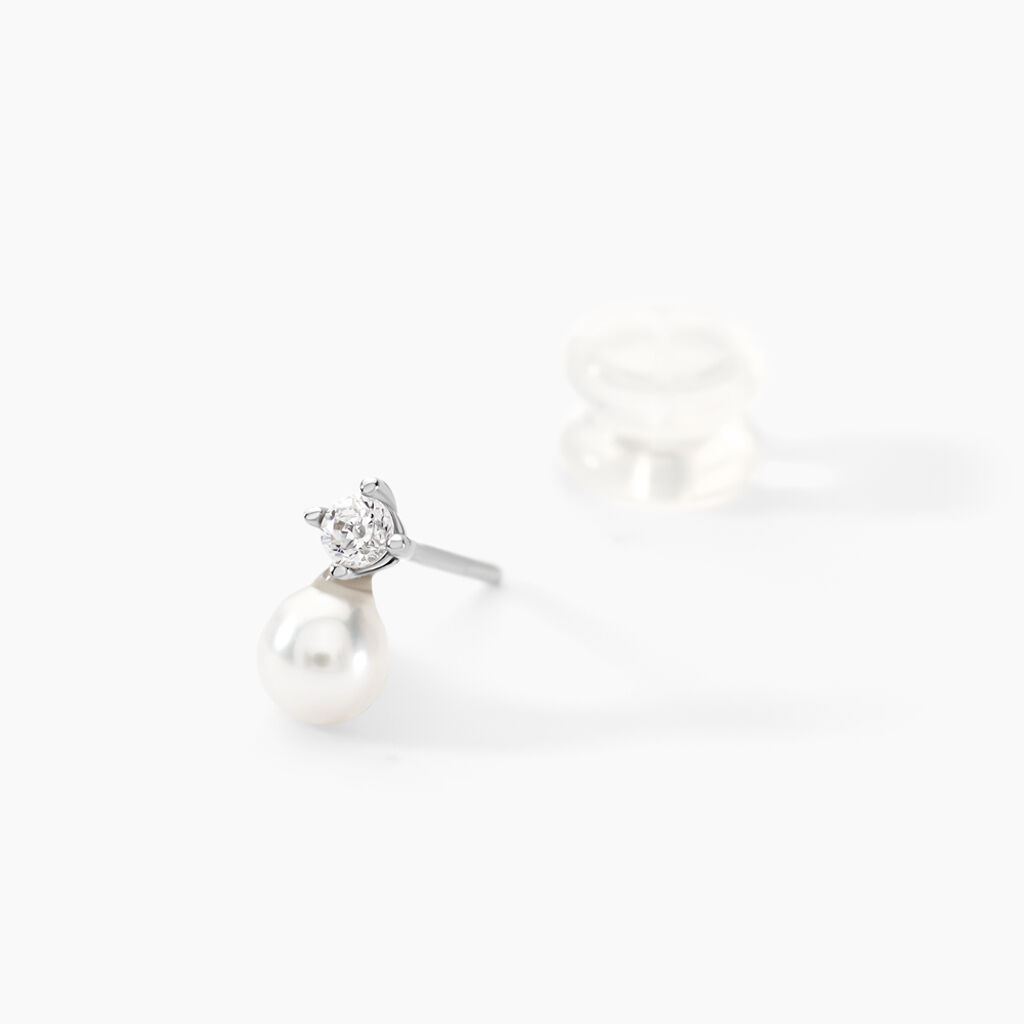 Boucles D'oreilles Puces Eolande Or Blanc Perle De Culture Et Oxyde - Clous d'oreilles Femme | Histoire d&rsquo;Or