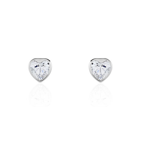 Boucles D'oreilles Puces Coeur Serti Clos Or Blanc Oxyde De Zirconium - Boucles d'Oreilles Coeur Femme | Histoire d’Or
