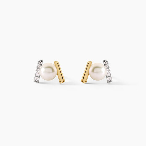 Boucles D'Oreilles Puces Pearly Argent Dor&eacute; A L'Or 750/1000 Perle De Culture Oxyde De Zirconium - Clous d'oreilles Femme | Histoire d&rsquo;Or