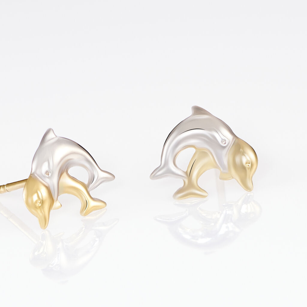 Boucles D'oreilles Puces Fulvie Double Dauphins Or Bicolore - Clous d'oreilles Femme | Histoire d’Or