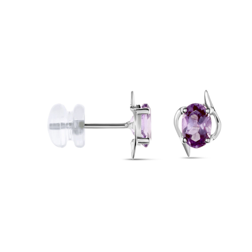 Boucles D'oreilles Puces Vrille Ovale Or Blanc Amethyste - Clous d'oreilles Femme | Histoire d’Or