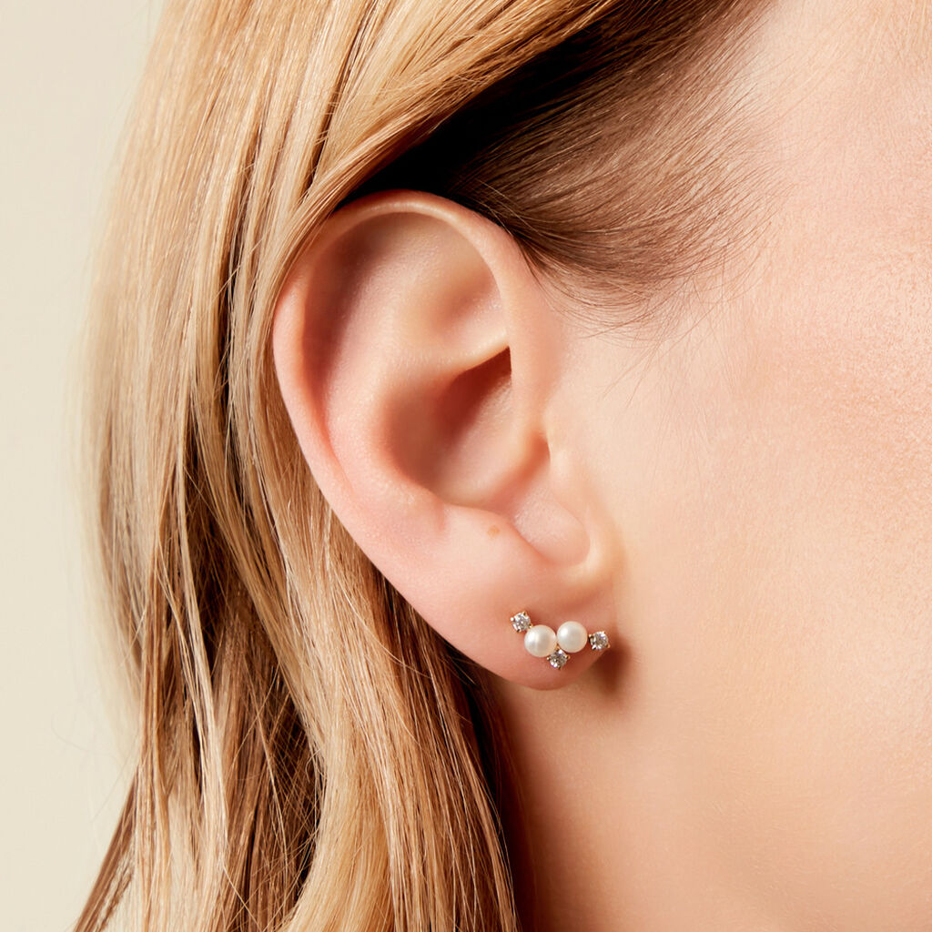 Boucles D'Oreilles Puces Katri Or Jaune Perle De Culture Oxyde De Zirconium - Clous d'oreilles Femme | Histoire d&rsquo;Or